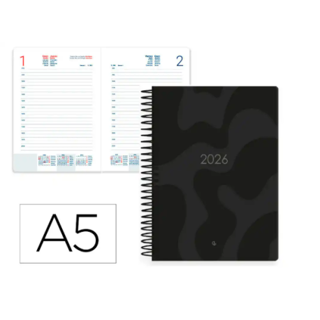 AGENDA ESPIRAL LIDERPAPEL SYROS 150X210 MM 2026 DIA PAGINA NEGRO PAPEL 60 GR FSC