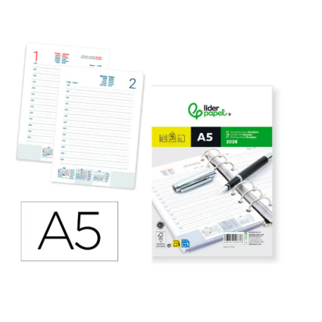 RECAMBIO AGENDA ANILLAS LIDERPAPEL 148X205 MM DIN A5 2026 DIA PAGINA PAPEL 70 GR