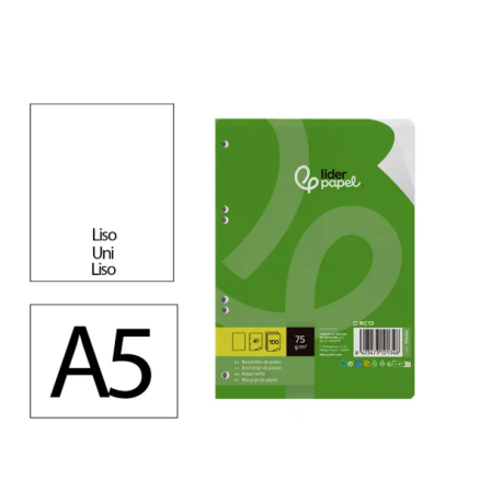 RECAMBIO LIDERPAPEL DIN A5 100 HOJAS 75 GR LISO SIN MARGEN 6 TALADROS
