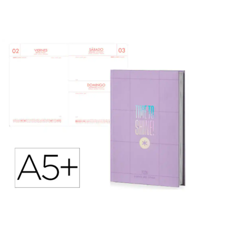 AGENDA ENCUADERNADA ANTARTIK TIME TO SHINE A5+ 2026 DÍA PÁGINA MORADO PAPEL 80G FSC