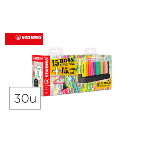 ROTULADOR STABILO FLUORESCENTE SET DE MESA 15 UNIDADES BOSS 70 + 15 UNIDADES SWING COOL COLORES SURTIDOS