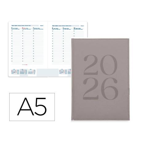 AGENDA ENCUADERNADA LIDERPAPEL CRETA 150X210 MM 2026 SEMANA VISTA GRIS PAPEL 70 GR