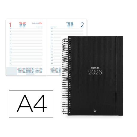 AGENDA ESPIRAL LIDERPAPEL OLBIA A4 2026 DIA PAGINA NEGRO PAPEL 60 GR FSC