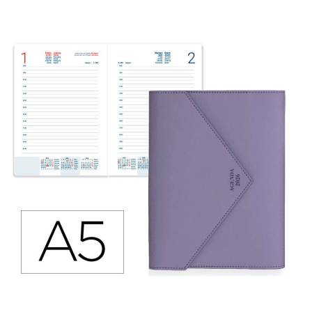 AGENDA ENCUADERNADA LIDERPAPEL PSARA A5 2026 DIA PAGINA MORADO PAPEL 70 GR FSC