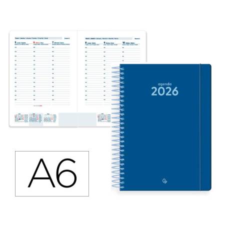 AGENDA ESPIRAL LIDERPAPEL CLASSIC A6 2026 SEMANA VISTA AZUL OSUCURO PAPEL 70 GR FSC
