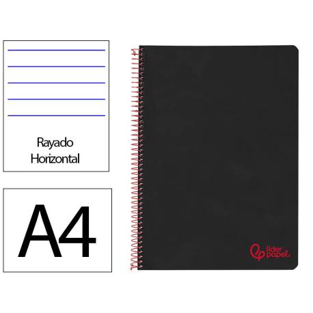 CUADERNO ESPIRAL LIDERPAPEL A4 WONDER TAPA PLASTICO 80H 90GR RAYADO HORIZONTAL CON MARGEN COLOR NEGRO
