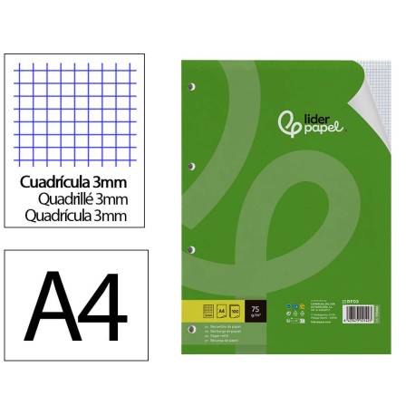 RECAMBIO LIDERPAPEL DIN A4 100 HOJAS 75 GR CUADRO 3 MM CON MARGEN 4 TALADROS