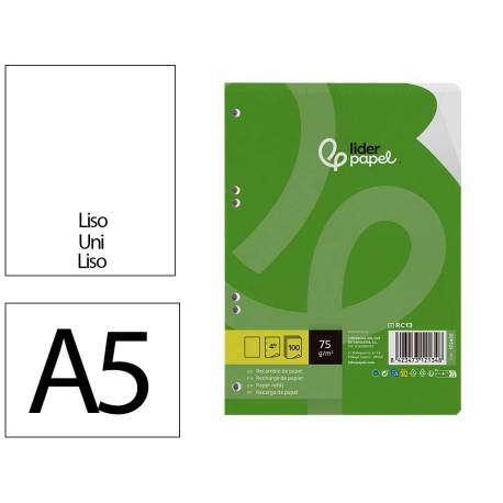 RECAMBIO LIDERPAPEL DIN A5 100 HOJAS 75 GR LISO SIN MARGEN 6 TALADROS