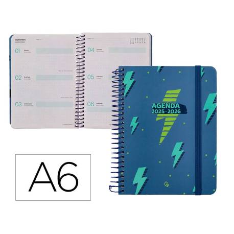 AGENDA ESCOLAR LIDERPAPEL 25-26 ESPIRAL PATTERNS RAYOS AZUL SEMANA VISTA A6 BILINGÜE PAPEL FSC 80 GR