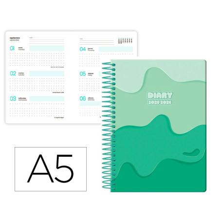 AGENDA ESCOLAR LIDERPAPEL 25-26 ESPIRAL MELTING VERDE SEMANA VISTA A5 BILINGÜE PAPEL FSC 80 GR
