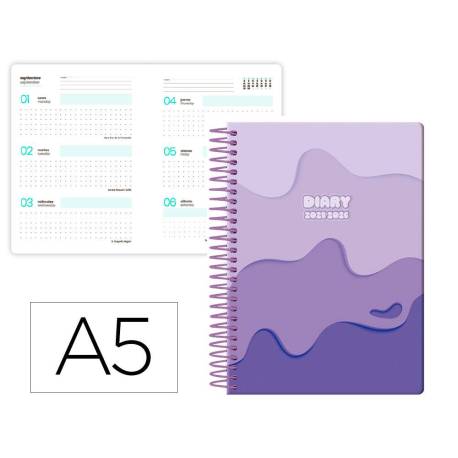 AGENDA ESCOLAR LIDERPAPEL 25-26 ESPIRAL MELTING MORADO SEMANA VISTA A5 BILINGÜE PAPEL FSC 80 GR