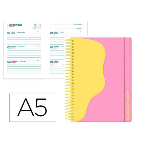 AGENDA ESCOLAR LIDERPAPEL 25-26 ESPIRAL WAVES ROSA SEMANA VISTA A5 BILINGÜE PAPEL FSC 80 GR