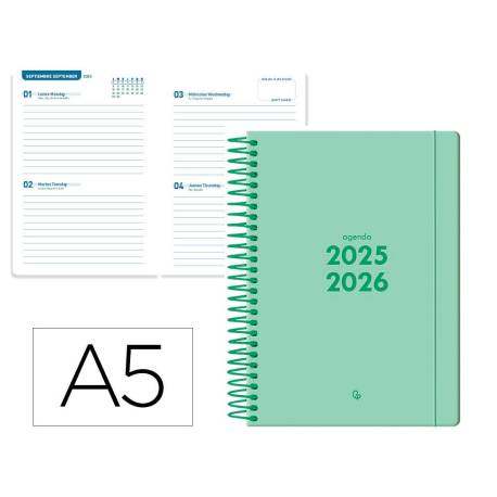 AGENDA ESCOLAR LIDERPAPEL 25-26 ESPIRAL BASIC VERDE MENTA 2 DIAS PAGINA A5 BILINGÜE PAPEL FSC 70 GR