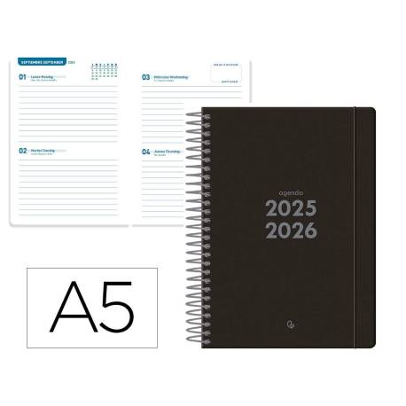 AGENDA ESCOLAR LIDERPAPEL 25-26 ESPIRAL BASIC NEGRO 2 DIAS PAGINA A5 BILINGÜE PAPEL FSC 70 GR