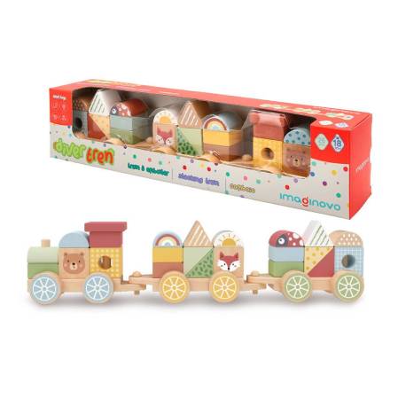 JUEGO INFANTIL IMAGINOVO MADERA TREN FIGURAS APILABLES CON RUEDAS +18 MESES 38X9,5X7,5CM