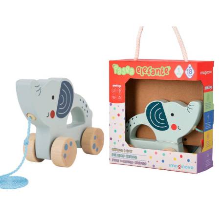 JUEGO INFANTIL IMAGINOVO MADERA ELEFANTE PARA ARRASTRAR CON RUEDAS +12 MESES 13,4X10X5,4CM