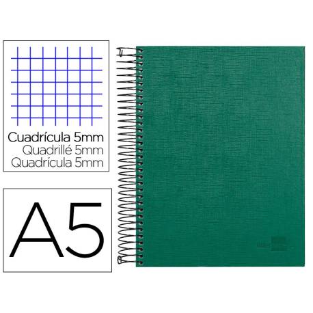 CUADERNO ESPIRAL LIDERPAPEL A5 MICRO PAPERCOAT TAPA FORRADA 140H 75 GR CUADRO5MM 5 BANDAS 6 TALADROS VERDE