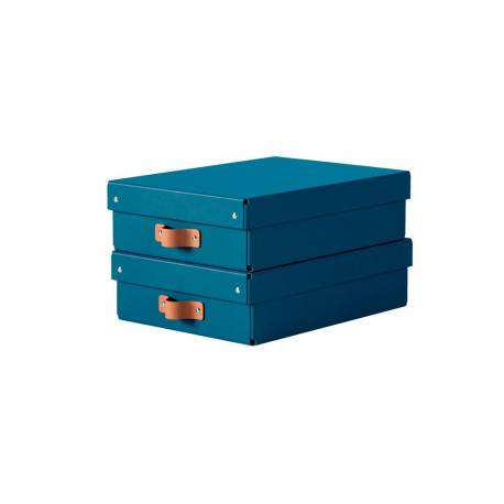 CAJA DE ALMACENAJE LEITZ CARTON MEDIANA BAJA CON ASA DE PIEL COLOR AZUL PACK DE 2 UNIDADES