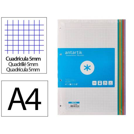 RECAMBIO A4 ANTARTIK 80 HOJAS 90G/M2 CUADRO 5 MM 4 TALADROS BANDAS DE 5 COLORES PASTELES