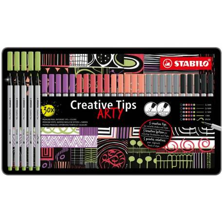 ROTULADOR STABILO CREATIVE TIPS ARTY LINE PASTEL 5 PUNTAS DIFERENTES ESTUCHE METALICO DE 30 UNIDADES