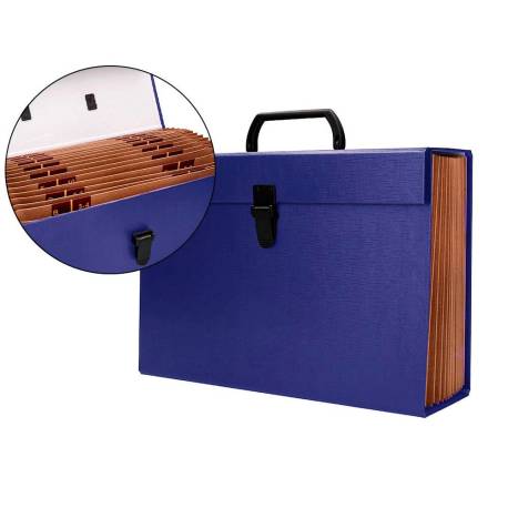 MALETIN LIDERPAPEL CON FUELLE Y ASA CARTON FORRADO 19 DEPARTAMENTOS 255X390X120 MM COLOR AZUL
