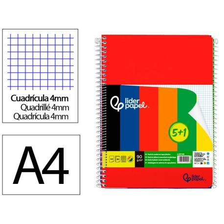 CUADERNO ESPIRAL LIDERPAPEL DIN A4 TAPA POLIPROPILENO 80H 90GR CUADRO 4MM CON MARGEN PACK 5+1 COLORES SURTIDOS