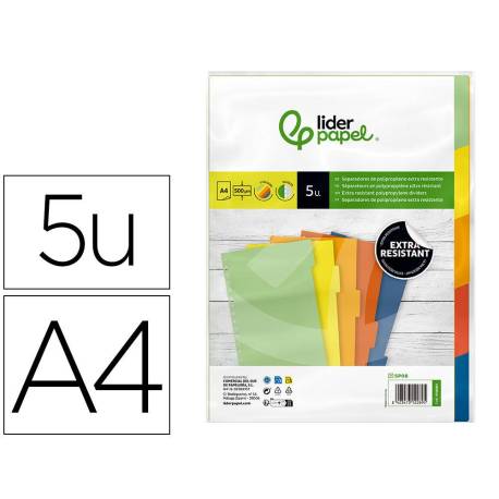 SEPARADOR LIDERPAPEL POLIPROPILENO JUEGO DE 5 SEPARADORES A4 MULTITALADRO 500 MICRAS