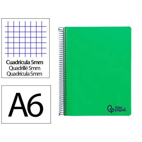 CUADERNO ESPIRAL LIDERPAPEL A6 MICRO WONDER TAPA PLASTICO 120H 90GR CUADRO 5MM 4 BANDAS COLOR VERDE OSCURO