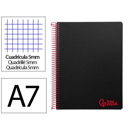 CUADERNO ESPIRAL LIDERPAPEL A7 MICRO WONDER TAPA PLASTICO 100H 90 GR CUADRO 5MM 4 BANDAS COLOR NEGRO