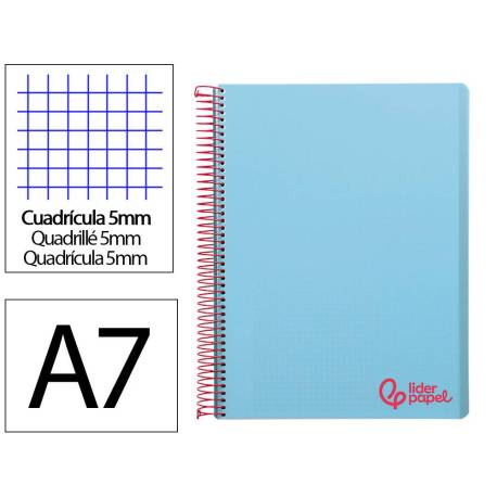 CUADERNO ESPIRAL LIDERPAPEL A7 MICRO WONDER TAPA PLASTICO 100H 90 GR CUADRO 5MM 4 BANDAS COLOR CELESTE