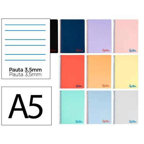 CUADERNO ESPIRAL LIDERPAPEL A5 WONDER TAPA PLASTICO 80H 90G PAUTA 3,5MM CON MARGEN COLORES SURTIDOS