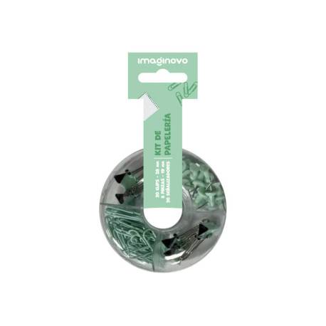 SET DE PAPELERIA IMAGINOVO CON CLIPS 28MM PINZAS 19MM Y CHINCHETAS VERDE