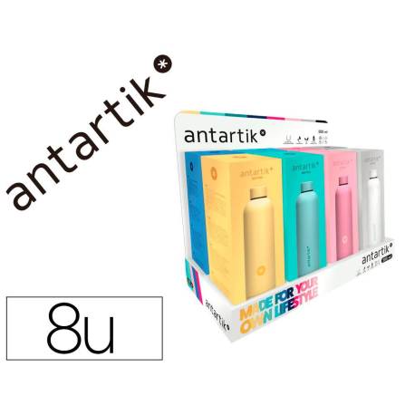 BOTELLA ANTARTIK ISOTERMICA ACERO INOXIDABLE LIBRE DE BPA 500ML EXPOSITOR CON 8 BOTELLAS