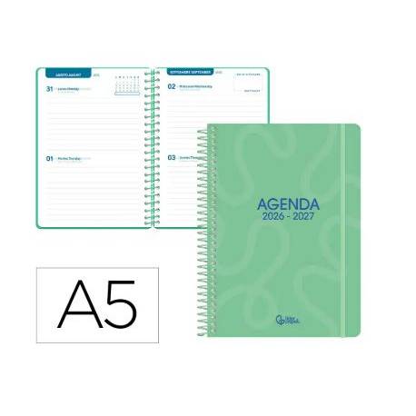 AGENDA ESCOLAR LIDERPAPEL 26-27 ESPIRAL CLASSIC 2 DIAS PAGINA A5 BILINGUE 70G PAPEL FSC VERDE