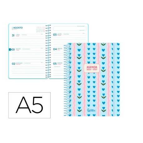 AGENDA ESCOLAR LIDERPAPEL 26-27 ESPIRAL COTTAGE SEMANA VISTA A5 BILINGUE 80G PAPEL FSC AZUL CORAZONES