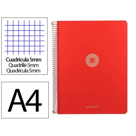 CUADERNO ESPIRAL ANTARTIK MICRO A4 TAPA FOAM 120H 90GR CUADRO 5MM 5 BANDAS 4 TALADROS COLOR ROJO
