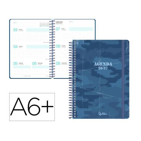 AGENDA ESCOLAR LIDERPAPEL 26-27 ESPIRAL MILITARY SEMANA VISTA A6+ BILINGUE 80G PAPEL FSC AZUL MARINO