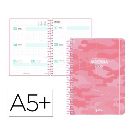 AGENDA ESCOLAR LIDERPAPEL 26-27 ESPIRAL MILITARY SEMANA VISTA A5+ BILINGUE 80G PAPEL FSC ROSA