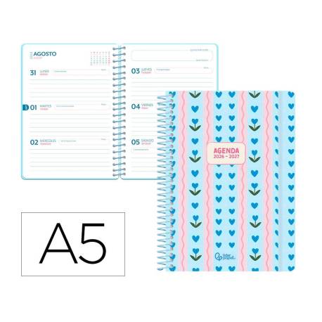 AGENDA ESCOLAR LIDERPAPEL 26-27 ESPIRAL COTTAGE SEMANA VISTA A5 BILINGUE 80G PAPEL FSC AZUL CORAZONES