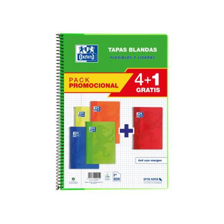 BLOC ESPIRAL OXFORD TAPA BLANDA FOLIO 80 HOJAS 90GR CUADRO 4 MM COLORES VIVOS PACK DE 4+1