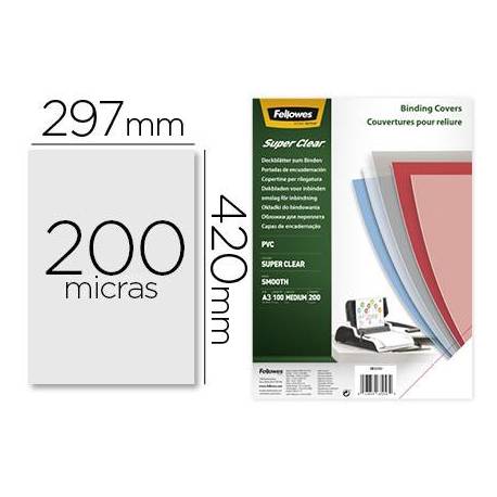 Tapa de Encuadernacion PVC Fellowes DIN A3 Color Transparente Cristal 200 micras pack 100 uds