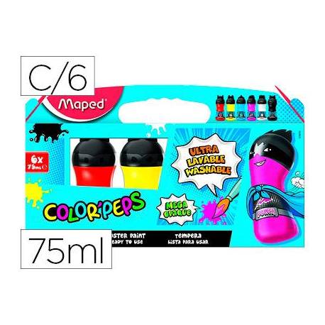 Tempera Maped Color Peps Ultra Lavable de Colores Primarios Surtidos Caja de 6 botellas 75 ml