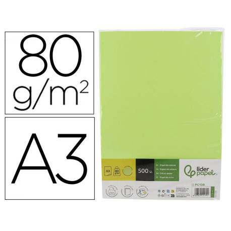 PAPEL COLOR LIDERPAPEL DIN A3 80 GR VERDE NEON PAQUETE DE 500 HOJAS