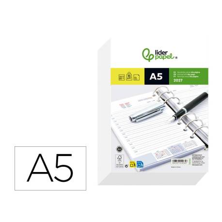 RECAMBIO AGENDA ANILLAS LIDERPAPEL 2027 DIN A5 148X205 MM DIA PAGINA BILINGUE 70 G PAPEL FSC