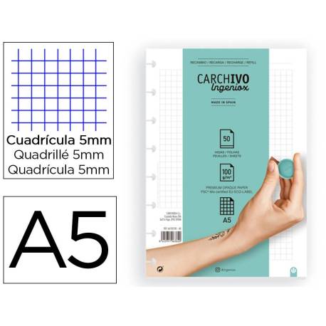 RECAMBIO CARCHIVO PARA CUADERNO INGENIOX DIN A5 50 HOJAS CUADRICULA