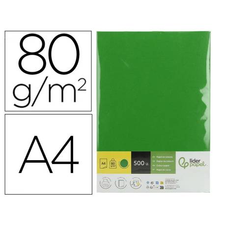 PAPEL COLOR LIDERPAPEL DIN A4 80 GR VERDE INTENSO PAQUETE DE 500 HOJAS