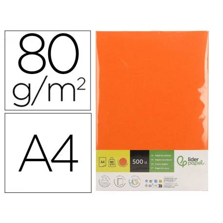 PAPEL COLOR LIDERPAPEL DIN A4 80 GR NARANJA INTENSO PAQUETE DE 500 HOJAS