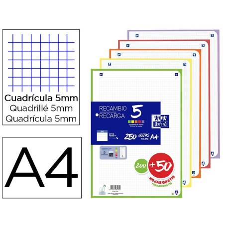 RECAMBIO OXFORD DIN A4 200+50 HOJAS GRATIS CUADRO 5 MM 4 TALADROS CON BANDA 5 COLORES VIVOS