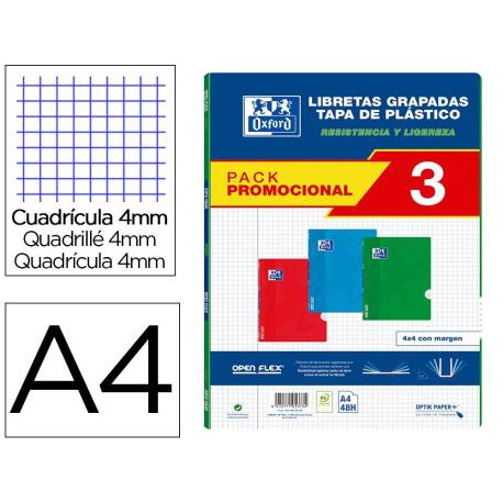 LIBRETA ESCOLAR OXFORD OPENFLEX DIN A4 48 HOJAS CUADRO 4 MM PACK DE 3 UNIDADES COLORES SURTIDOS