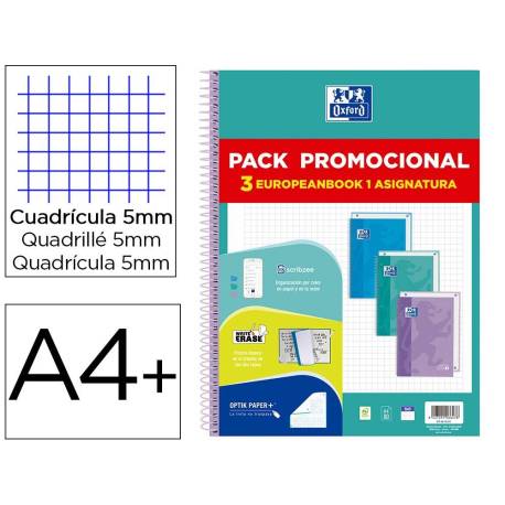 CUADERNO ESPIRAL OXFORD EBOOK 1 TOUCH TAPA EXTRADURA DIN A4+ 80H CUADRO 5 MM PACK DE 3 UNIDADES COLORES PASTEL